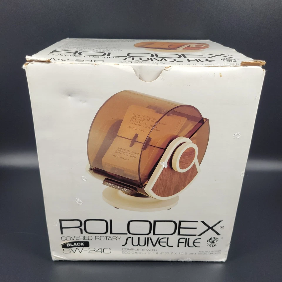 VTG NOS Large ROLODEX SW 24C Swivel Black w/ Faux Wood Round Rotary Office File - Image 1 of 4