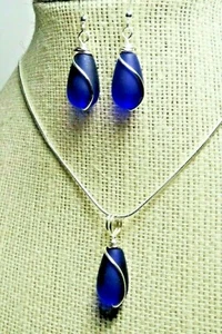 COBALT BLUE (navy) petite teardrop sea glass hand wired set. 20" chain - Picture 1 of 4