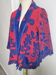 Vintage 70s Sculpted Towel Jacket Terrycloth Coverup w Pockets Red Blue OSFM - Bild 1 von 12