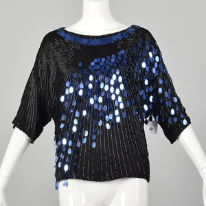 Medium 1980s Blue Sequin Dolman Top Black Beaded Fringe Shirt Batwing VTG 80s - Picture 1 of 8
