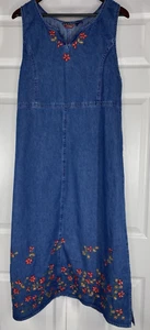 Vintage ASAZU Women's Embroidered Floral Denim Maxi Dress Size Large Grandmacore - Picture 1 of 7