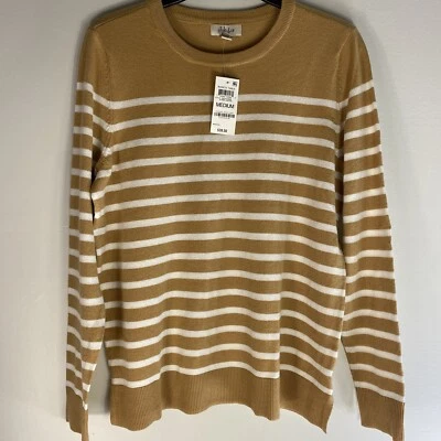 Suéter pulôver feminino tamanho M gola redonda estampa listra mostarda elástico leve NOVO - Imagem 1 de 4