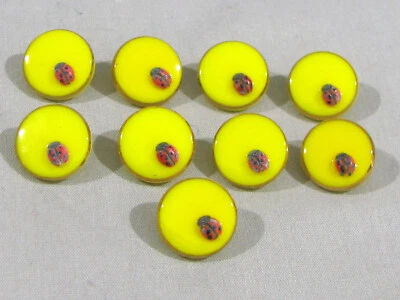 Set of 9 YELLOW GLASS BUTTONS - RED 3-D LADYBUG - GOLD TRIM - 9/16" - Image 1 of 4