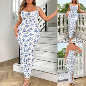 Plus Size Womens Boho Floral Strappy Midi Dress Ladies Beach Holiday Sundress AU - Picture 1 of 10