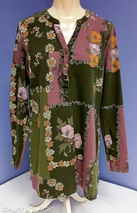 Tunic Top Ladies Denim & Co Olive/Black/Rose Floral Patchwork Cotton Knit Top Md - Picture 1 of 7