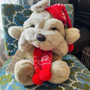 Vintage 80er Kris Krinkles Shar Pei Plüsch Weihnachten Hund Ziel Strick Schal Mütze 15 Zoll - Bild 1 von 11