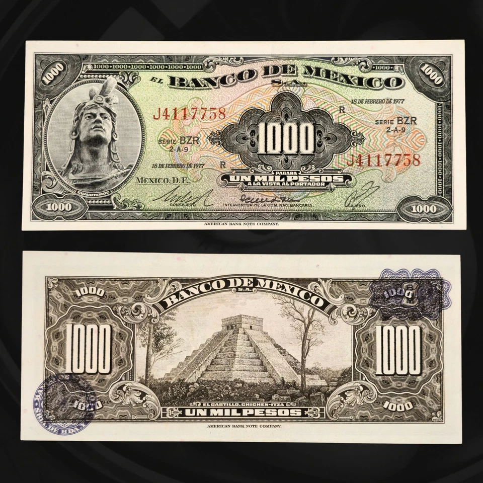 🇲🇽 1977 年墨西哥 1000 比索钞票、Cuauhtemoc、Chichen-itza 金字塔 — 第 1/3 张图片