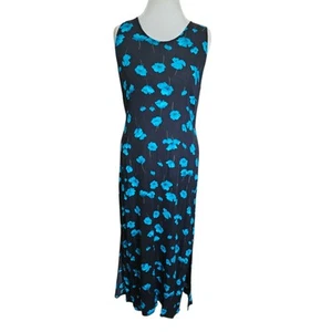 90s Y2K Black Floral Maxi Dress Turquoise Crinkle Rayon Summer Sz 12 Whimsigoth - Picture 1 of 9