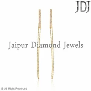 Pave Natural Diamond 14k Yellow Gold Link Chain Dangle Earrings Handmade Jewelry - Picture 1 of 3