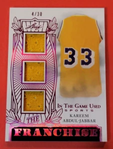 KAREEM ABDUL JABBAR GAME USED JERSEY CARD #d4/30 2024 LEAF FRANCHISE LA LAKERS - Picture 1 of 2