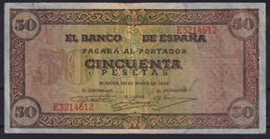 BILLETE ESPAÑA 50 PESETAS 1938 BURGOS - SERIE E - BC - Picture 1 of 2