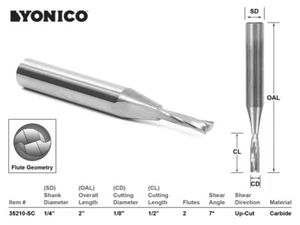 Diapositiva de 1/8". Broca de enrutador CNC molino de extremo ascendente de baja hélice - vástago de 1/4" - Yonico 35210-SC - Imagen 1 de 1