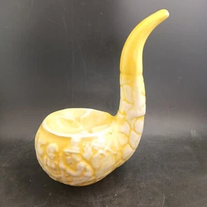 Pipe-Shaped Ashtray, Colonial Motif Cabins Pilgrims, MCM Yellow Ceramic OBO - Picture 1 of 12