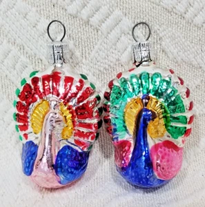 SET OF 2 - VINTAGE PEACOCK BIRD BLOWN GLASS CHRISTMAS TREE HOLIDAY ORNAMENT - Picture 1 of 9