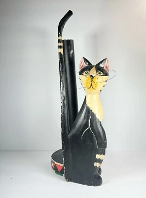 Paper Towel Holder 16"H Wooden Black & White Cat Kitty Painted Indonesia - Image 1 of 4