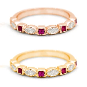 Diamond Ruby Square Wedding Engagement Stackable Band Ring 14K Yellow gold - Picture 1 of 3