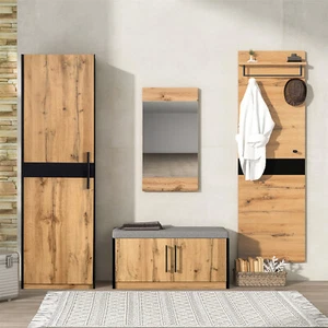 Garderobe Set Flurgarderobe Holz Garderobenpaneel inkl. Spiegel und Sitzbank - Bild 1 von 13