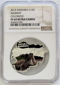 2013 SILVER ANDORRA 10 D MARMOT COLORIZED PROOF COIN NGC PF 69 UC - Picture 1 of 2