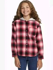 Levi’s Girls Woven Hooded Button Up Plaid Shirt Size Small Rhododendron-Red - Picture 1 of 6