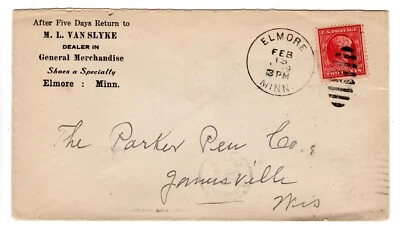 #367 Lincoln 1909 2nd Day of Issue Elmore MN to Janesville WI Flag - Image 1 of 2