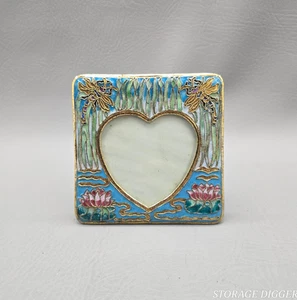 Vintage Cloisonne Blumen & Libelle Herz Bilderrahmen Metall Wohndeko Lilie - Bild 1 von 13
