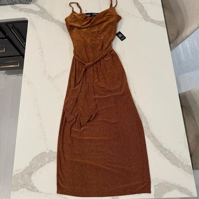 Express NWT Metallic Belted Waist Maxi Dress Women’s Size Medium Shimmery Cooper - Image 1 of 4