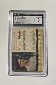 1961 Post Cereal Roger Maris Perforated Card CGC Graded 3 Very Good Cash Back !! - Picture 1 of 2