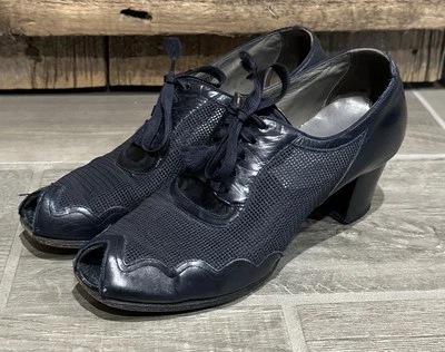 Rare 1930s Athletic Sport Peeptoe Heels Dickerson Comfort | Beach Deco 30s Blue - Image 1 of 4