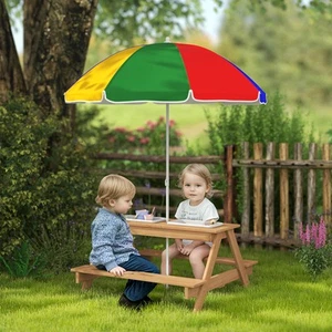Qaba Niños Mesa de Picnic, Juego de Mesa y Banco de Madera Exterior con Paraguas - Imagen 1 de 11
