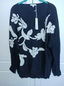 Chico's Pullover Dolmanärmel Pulli - schwarz weiß bestickt Blumen Large neu mit Etikett - Bild 1 von 5