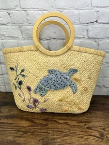 Cappelli Vintage Woven Straw Bag Purse Retro Boho Beach Turtle Wooden Handles - Picture 1 of 11
