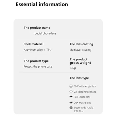 5 in 1 Phone Lens Kit 20X Macro CPL Fisheye 2X Telephoto Lens for MAX 13 - Image 1 of 4