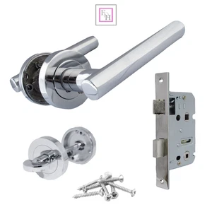 Straight T Bar Chrome Door Handles – Bathroom Lock Handle Sets with Thumbturn - Picture 1 of 21