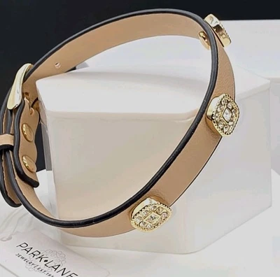 Brazalete Park Lane Nuevo con Etiquetas Tono Dorado Hebilla Correa Cuero Tostado Acentos Estrás  Foto 1 de 4