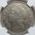 DOMINICAN Republic 1 peso 1897 A NGC AU Details Beautiful Crown Silver Scarce