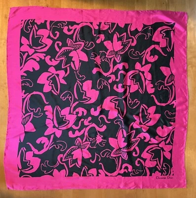 Vintage Christian Dior Magenta Black Abstract Floral Silk Scarf 31"x31" Roll Hem - Image 1 of 4