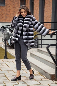 Women Chinchilla Full Pelt Real Rex Rabbit Fur Coat Thick Jacket Stripe Overcoat - Picture 1 of 3