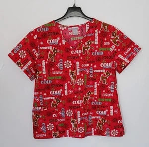 Rudolph The Red Nosed Reindeer Scrub Top Size L Medical Red - Picture 1 of 7