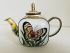 VINTAGE ENAMELED COPPER MINIATURE TEAPOT-BUTTERFLY And FLOWERS