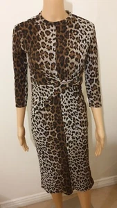 BERSHKA LEOPARD KNIT BROWN BLACK KNOT TWIST FRONT 3 QUARTER SLEEVE MIDI DRESS - Picture 1 of 4