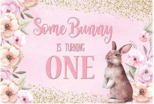 BUNNY RABBIT FLOWERS PERSONALISED 1ST BIRTHDAY PARTY BANNER BACKDROP DECORATION - Picture 1 of 4