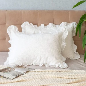 Pillow Shams Set of 2 Pure Cotton Champray Ruffled Edge,Thick and Solid Washe... - Picture 1 of 9