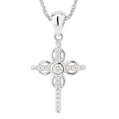 Argento Sterling Pavé Zirconia Cubica Floreale Croce Lunetta Centro Collana - Immagine 1 di 4