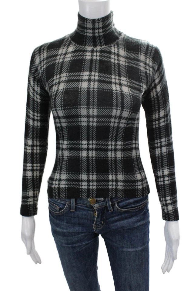 Otoño Cachemira Mujer Cachemira Manga Larga Cuadros Cuello Simulado Top Negro Talla XS Foto 1 de 4