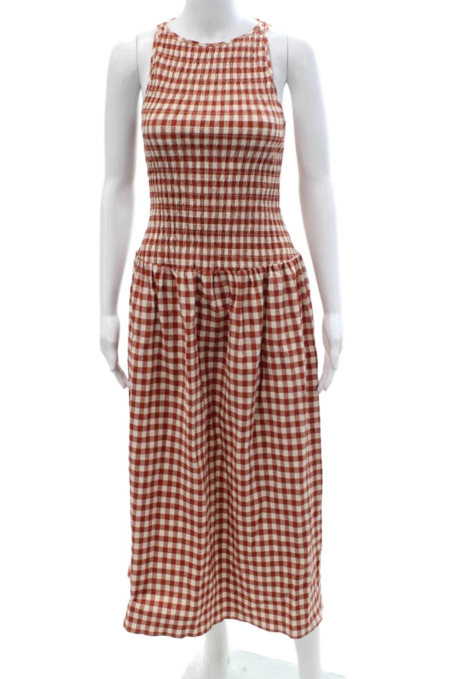 Женское коричневое клетчатое платье-майка Zara без рукавов с круглым вырезом из хлопка богемное размер XS - Изображение 1 из 4