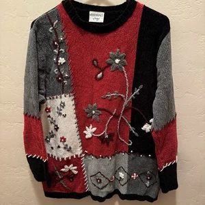 Essentials by Maggie Women's Holiday Knit Patchwork Sweater Floral Crochet XL - Picture 1 of 5