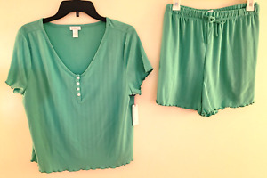 AMBRIELLE Sleepwear Shirt Top & Shorts GREEN PAJAMA SET Large PJs Short Sleeve