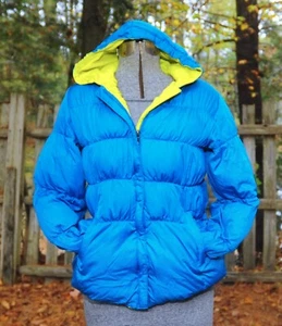 Land's End Kids Reversible Down Puffer Jacket Size 12/14 Bright Blue/Neon Green - Picture 1 of 8
