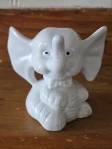 Vtg White Ceramic Hollow Elephant W/Bow Tie+Big Ears Sitting Trunk Up+Smiling - Picture 1 of 11