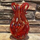 Murano Millefiori Pulled Feather 12” Large Vase Double Handle Red Art Glass